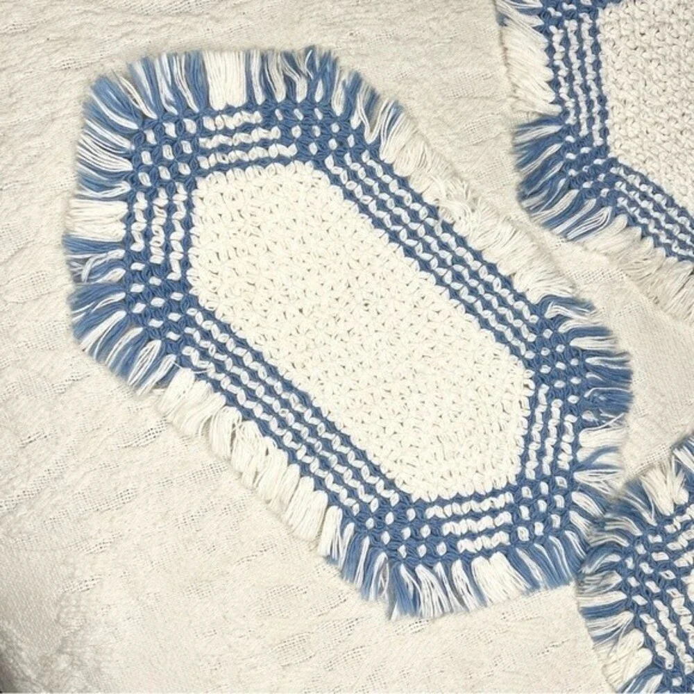 Vintage Woven Fringe Hot Pads Set of Three White and Blue Yarn Potholders Trivet